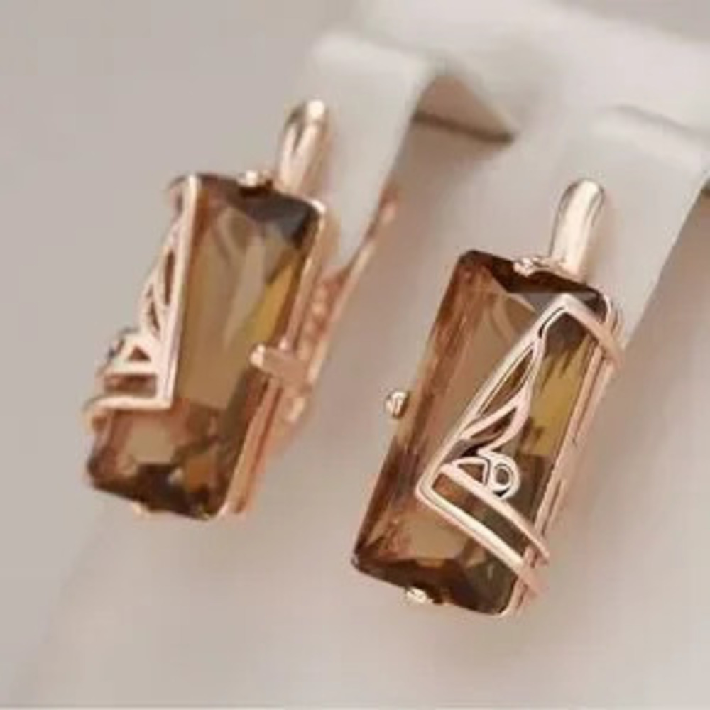 Light Brown Natural Zircon English Earrings for Women Square 585 Rose Gold
